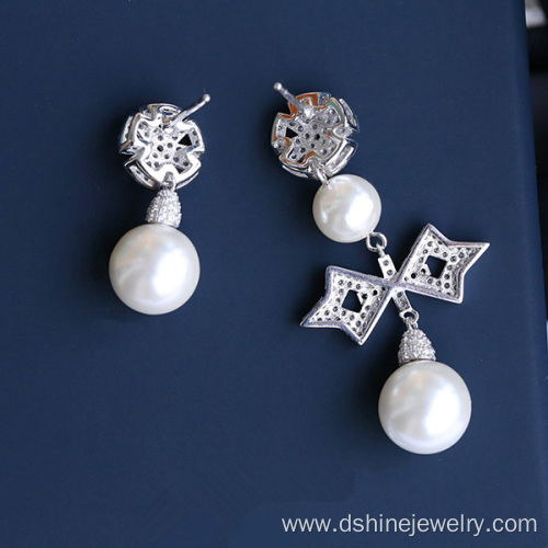 925 Silver Zircon Pearl Studs Alloy Butterfly Shape Earrings